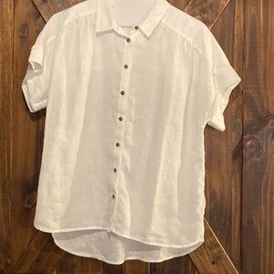 J Crew White Irish Linen Short Sleeve Button Collar Shirt Size Medium